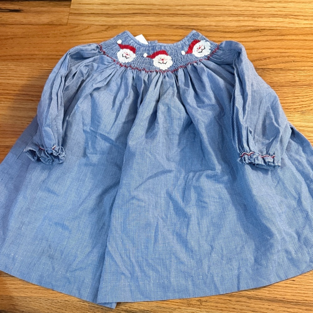 Blue Smocked Dress with Santa Embroidery